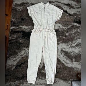 Express White Zip-Front Utility Jumpsuit with Tie Waist